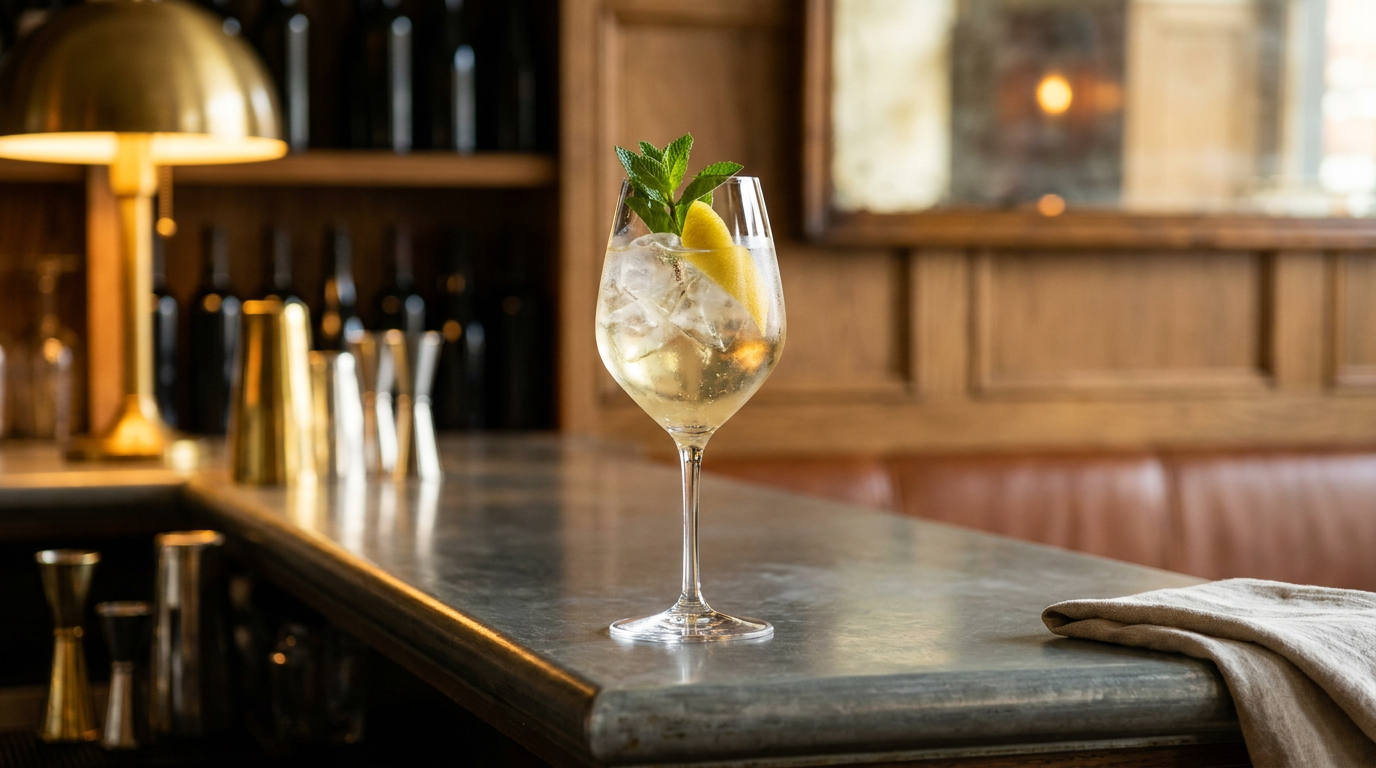 Grand verre à vin d'un spritz au moelleux doré pétillant sur glace, brin de menthe et zeste de citron, sur un comptoir de zinc patiné dans un bar chic