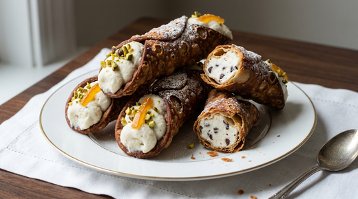 Cannoli siciliens, coques frites cloquées brun foncé garnies de ricotta blanche, pistaches et écorce d'orange confite
