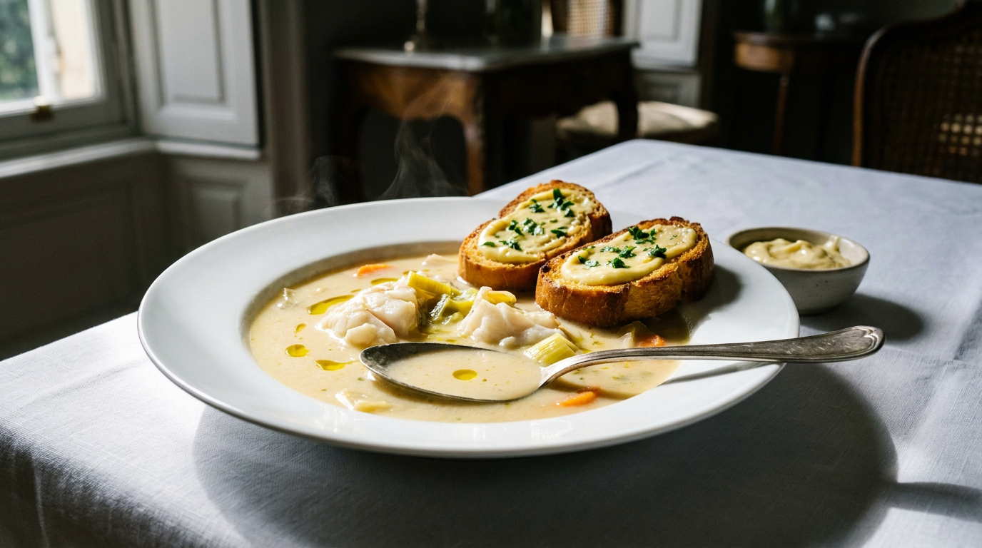Bourride provençale : bouillon ivoire velouté et lié à l'aïoli, gros morceaux de poisson blanc, croutons à l'aïoli et bol de sauce à côté