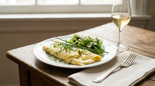 Omelette aux fines herbes roulée et baveuse, salade verte, verre de vin blanc