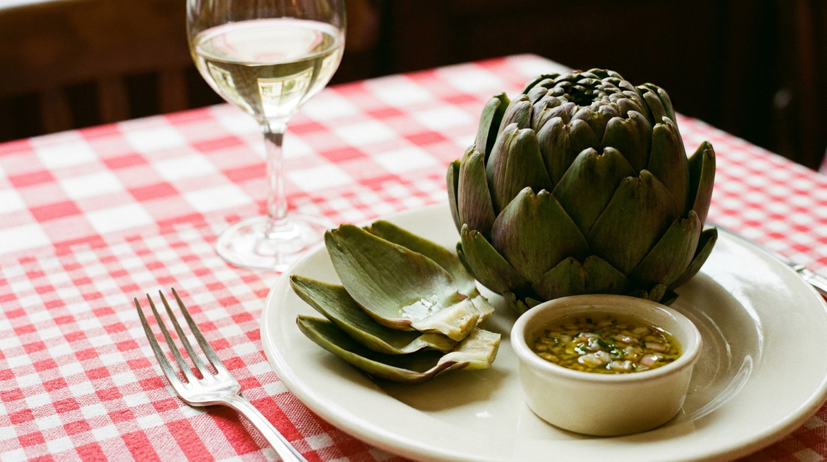 Artichaut camus entier cuit, feuilles détachées et ramequin de vinaigrette à l'échalote, assiette blanche, nappe à carreaux, verre de vin blanc