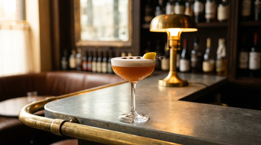 Coupe en cristal d'un cocktail orange profond sous une épaisse mousse blanche pointée d'amers, zeste de citron sur le bord, sur un comptoir de zinc patiné dans un bar chic