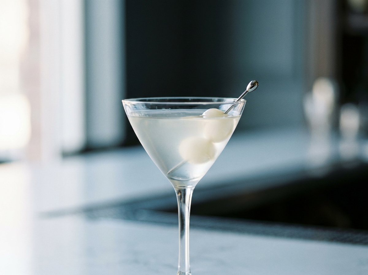 Cocktail Gibson très clair en verre à cocktail, oignons au vinaigre en garniture, lumière naturelle