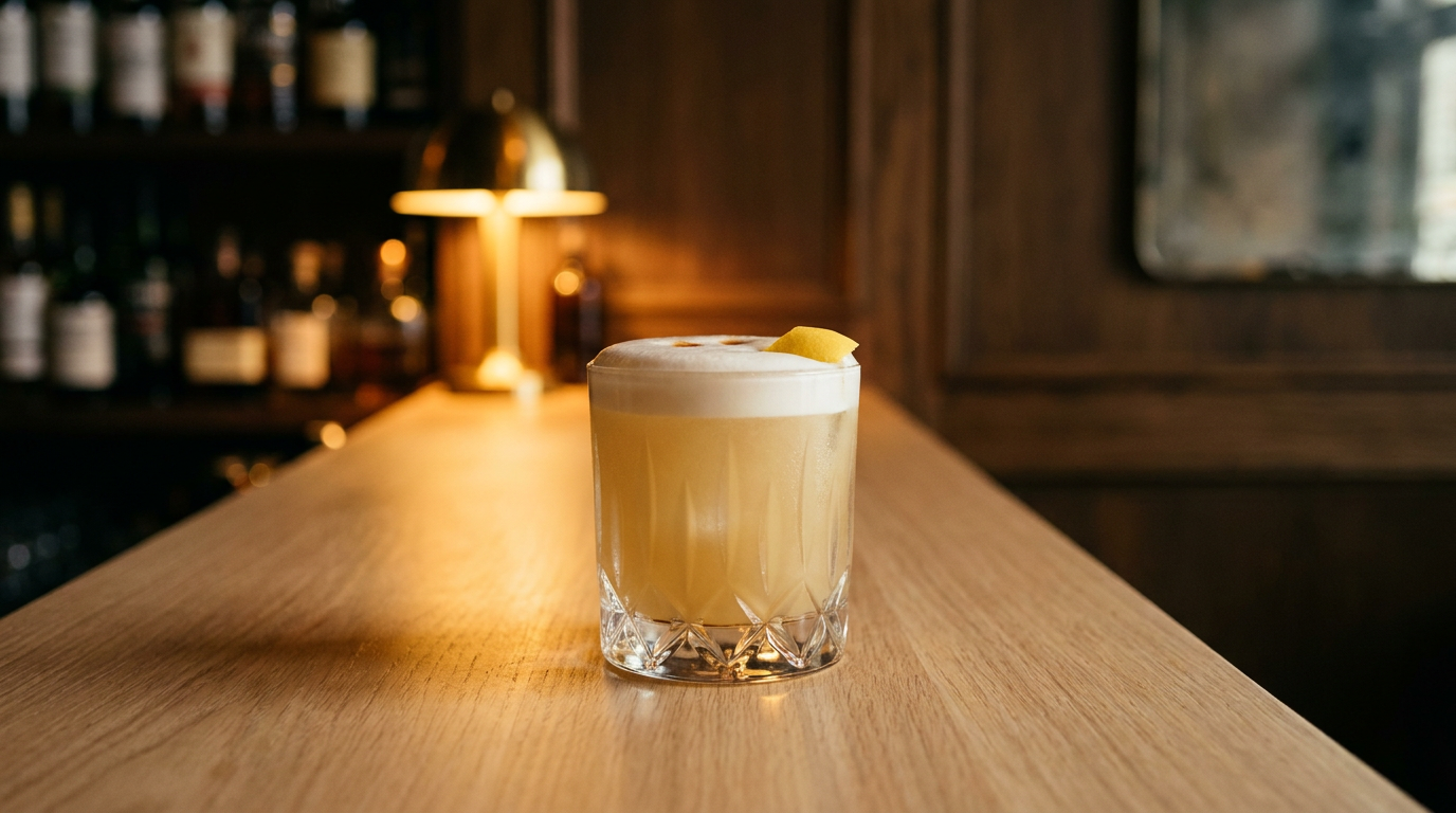 Tequila sour doré coiffé d'une mousse de blanc d'oeuf et de trois gouttes d'amer, verre old fashioned sur un comptoir de chêne clair ciré