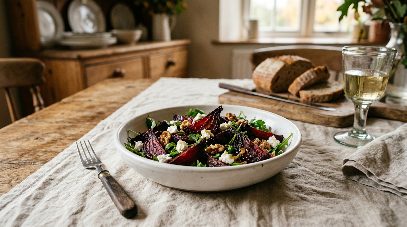 Salade tiède de betteraves rôties aux bords caramélisés, chèvre frais, noix et pousses vertes, dans une assiette de faïence sur une table de ferme