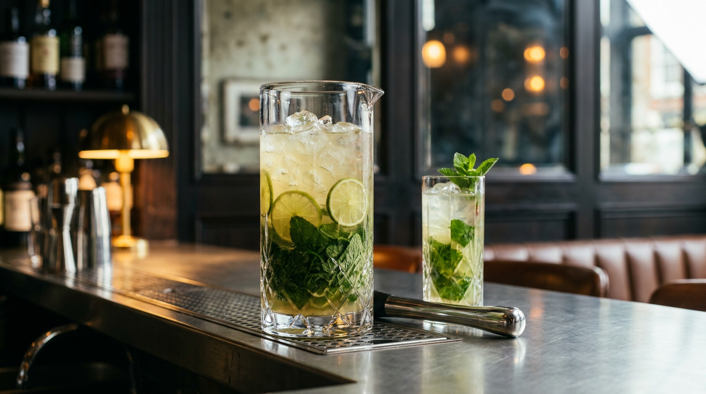 Grand pichet de mojito à la menthe et au citron vert et verre haut servi sur un comptoir de bar en inox