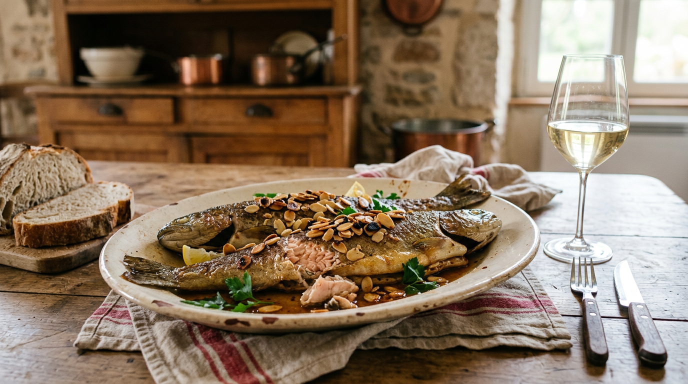 Deux truites entières poêlées couvertes d'amandes effilées torréfiées et de beurre noisette, avec un verre de vin blanc, dans une cuisine de campagne
