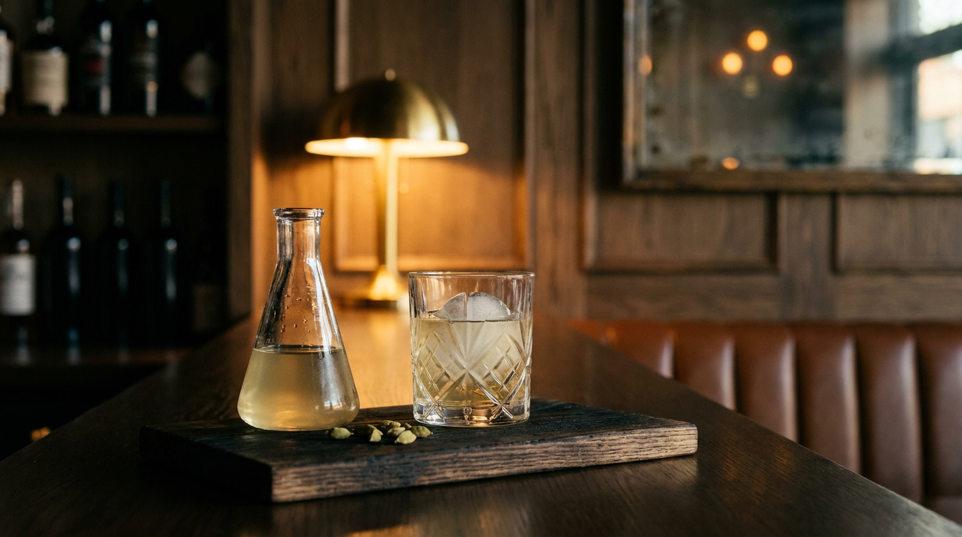 Sirop de cardamome en flacon et allongé dans un verre, gousses vertes, planche de frêne brûlé