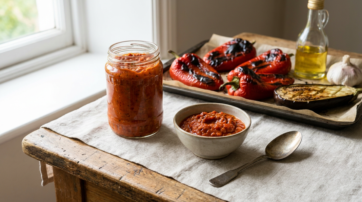 Bocal d'ajvar rouge brique et bol d'ajvar, poivrons rouges rôtis à la peau noircie, aubergine rôtie, ail, huile, cuillère à plat, plan de travail en bois