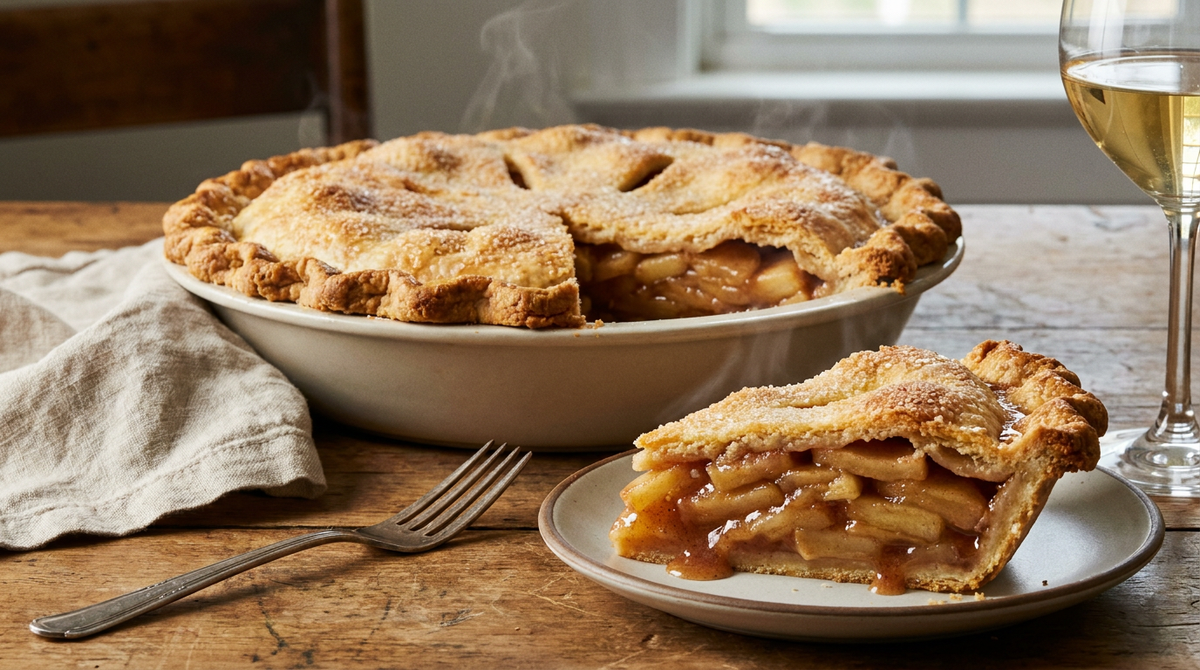Apple pie américaine à double croûte dorée et bord pincé à la main, une part coupée montrant les couches de pommes fondantes au sirop de cannelle, fourchette à plat, verre de vin blanc doux, table de ferme en bois