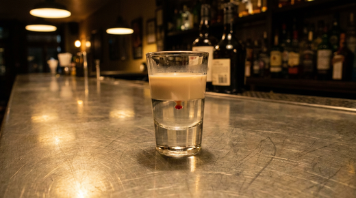Verre à shooter droit à deux couches, liquide clair en bas et crème beige au-dessus, fine goutte rouge au centre, comptoir de zinc brossé, lumière chaude et basse