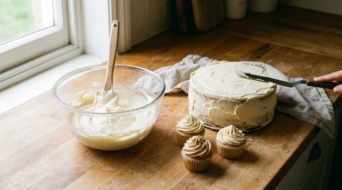 Saladier de crème au beurre à la meringue, lisse et légère, gâteau en cours de glaçage à la spatule et cupcakes pochés, plan de travail en bois