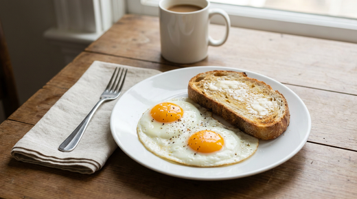 Deux œufs au plat au blanc nacré et jaunes coulants, tartine beurrée, mug de café