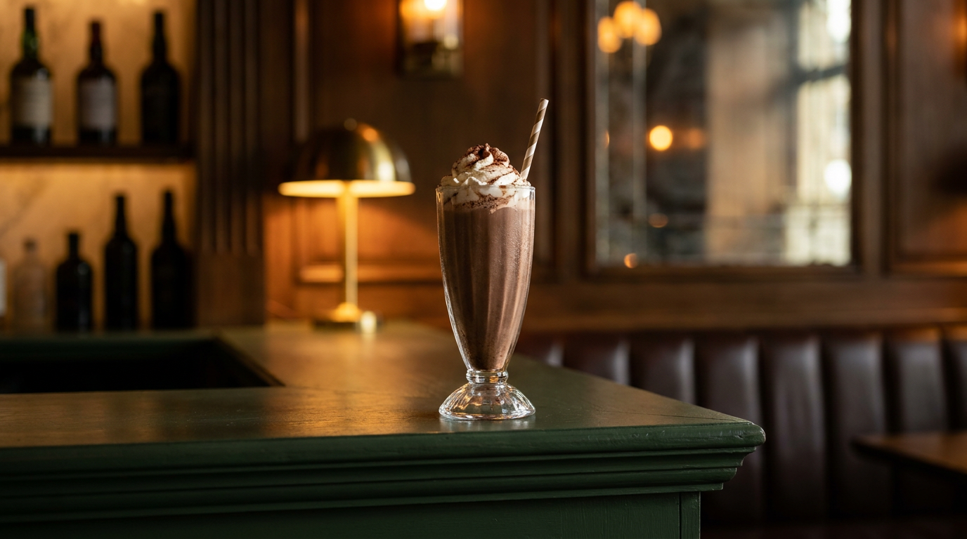 Milkshake au chocolat dans un grand verre cannelé, crème fouettée et cacao, comptoir de bois vert foncé