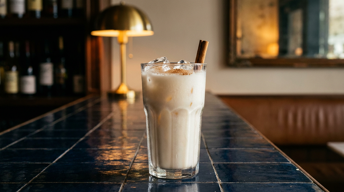 Horchata blanche et opaque dans un grand verre, glaçons, cannelle moulue et bâton de cannelle, comptoir de zellige bleu nuit