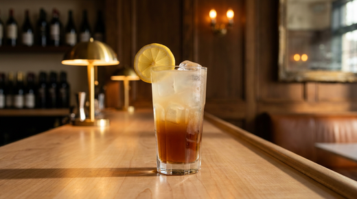 Arnold Palmer en deux couches, thé glacé ambré et limonade pâle, rondelle de citron, comptoir de sycomore