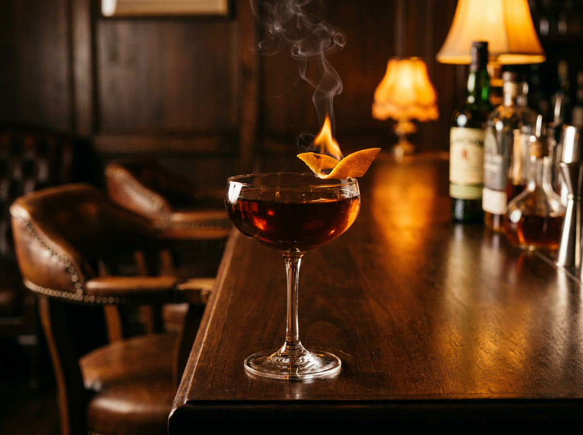 Revolver : cocktail bourbon et liqueur de café brun profond dans une coupe, zeste d'orange flambé