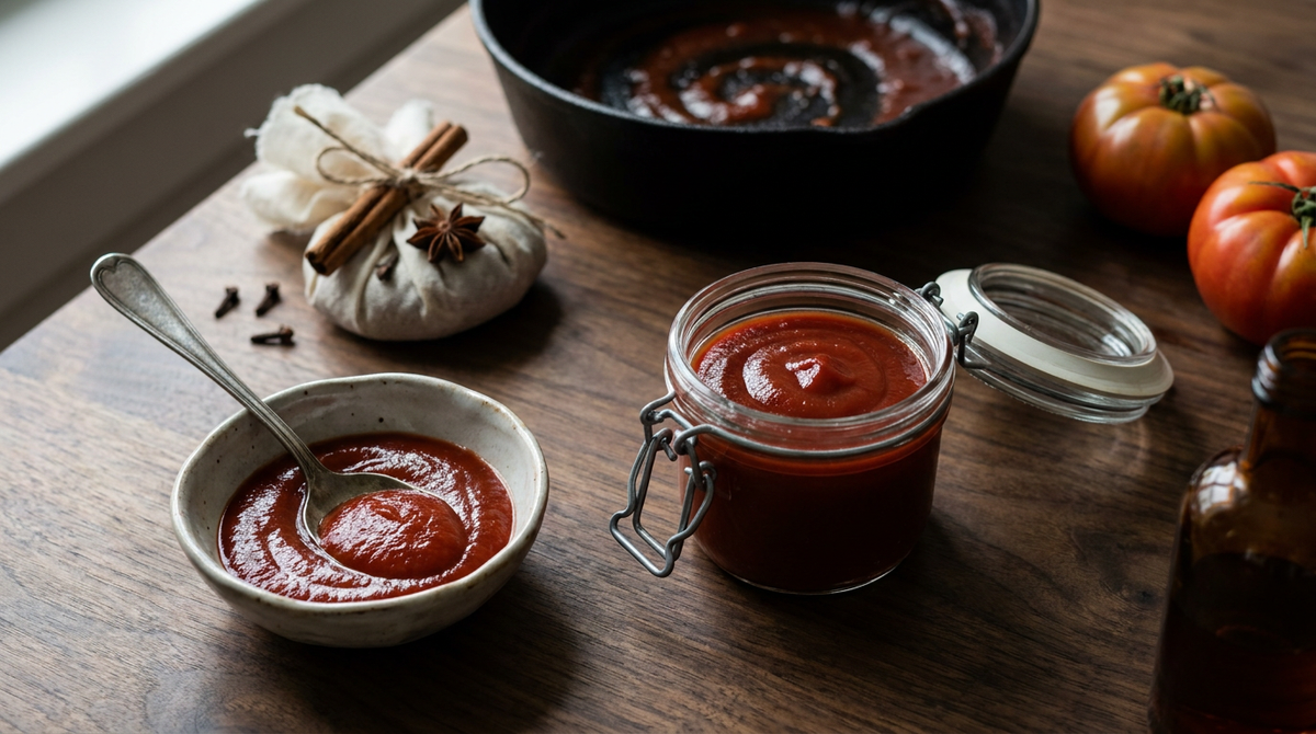 Ketchup maison épais dans un bocal à étrier ouvert et dans un bol en céramique avec une cuillère, cocotte en fonte où la sauce a réduit, nouet d'épices avec cannelle et anis étoilé, tomates mûres