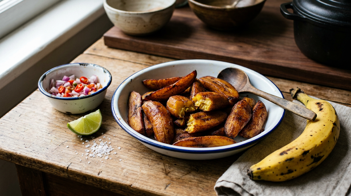 Alloco ivoirien dans un bol émaillé, épaisses tranches de banane plantain frites en biseau, dorées et caramélisées, une cassée montrant le cœur jaune fondant, sauce à l'oignon pimentée