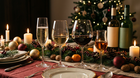 Quatre verres alignés montrant la progression d'un repas de Noël — effervescent, blanc sec, rouge et liquoreux — sur une table de fête avec bougies, guirlande de sapin, boules dorées et rouges et sapin décoré en arrière-plan