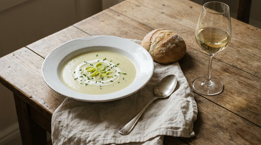 Soupe poireaux pommes de terre ivoire, crème et ciboulette, pain, verre de vin blanc