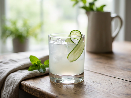 Irish Maid, cocktail whiskey au sureau et concombre dans un verre bas sur glace, ruban de concombre