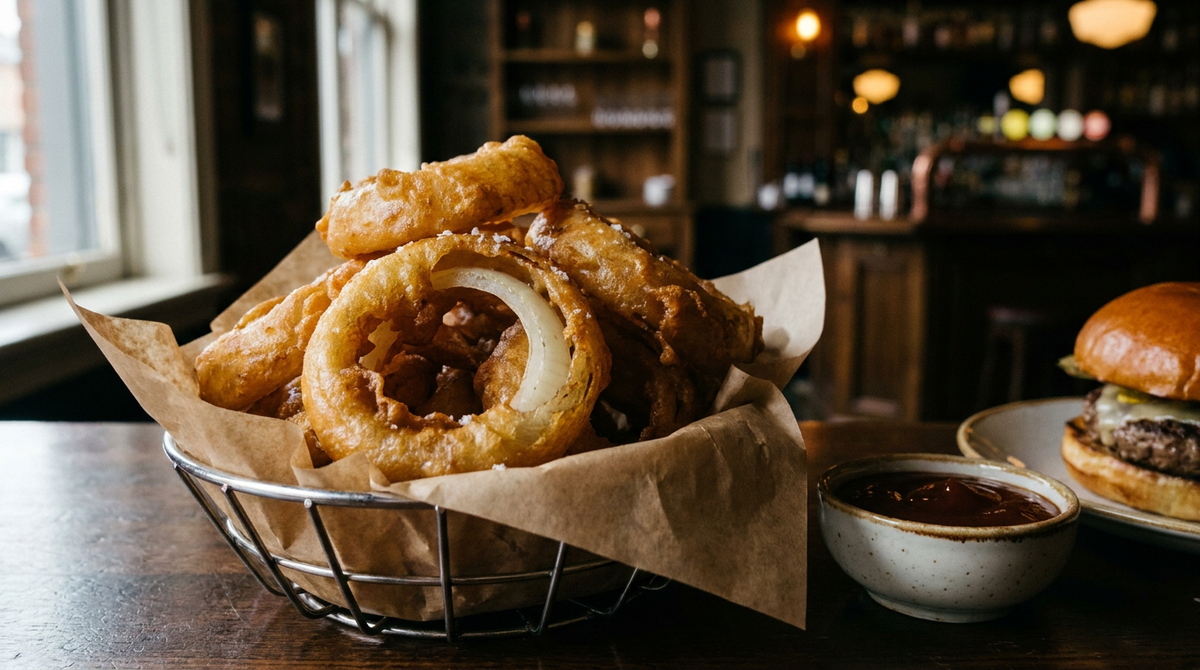 Onion rings dorés et croustillants empilés dans un panier en métal doublé de papier, pâte à la bière bullée et irrégulière, un anneau cassé montrant l'oignon fondant, bol de sauce à côté, comptoir de bistrot en bois, lumière chaude
