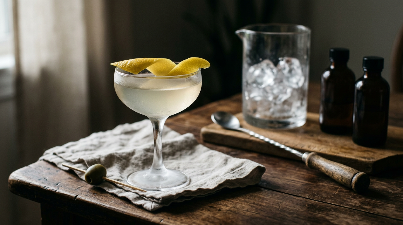 Coupe givrée contenant un cocktail très pâle couleur paille, large zeste de citron sur le bord, olive verte sur un pique, verre à mélange et cuillère de bar derrière