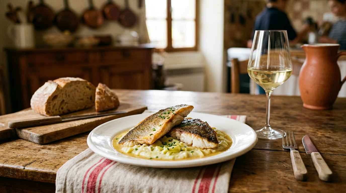 Pavés de sandre cuits sur la peau, peau dorée croustillante et chair nacrée, sur une fondue de poireaux, avec un verre de vin blanc, sur une table de ferme