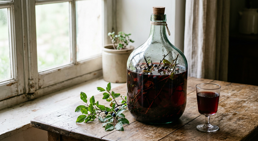 Grande bonbonne en verre remplie de vin rouge sombre où macèrent de jeunes pousses épineuses, branche de prunellier et verre à pied de liquide rouge profond sur une table en bois