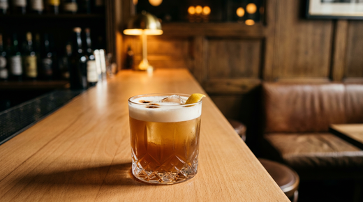 Scotch Sour ambré coiffé d'une mousse blanche, gouttes d'amers et zeste de citron, comptoir de hêtre