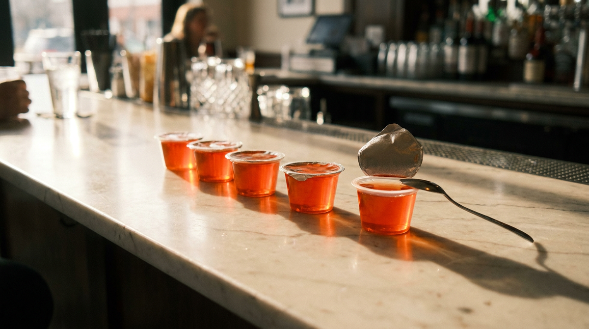 Plusieurs petits pots gélifiés rouge orangé alignés sur un comptoir de marbre clair, l'un entamé à la cuillère, lumière vive de côté, bar flou à l'arrière-plan