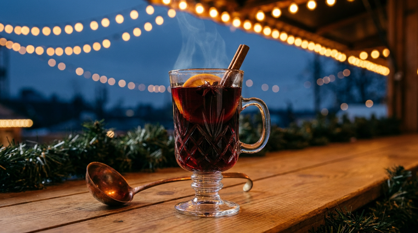 Glühwein fumant dans une chope en verre, rondelle d'orange et bâton de cannelle, sur le comptoir de bois d'un étal de marché de Noël au crépuscule, guirlandes d'ampoules et branches de sapin