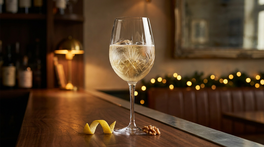 Périgord Fizz, crémant et Monbazillac servis en verre à vin avec zeste de citron et noix