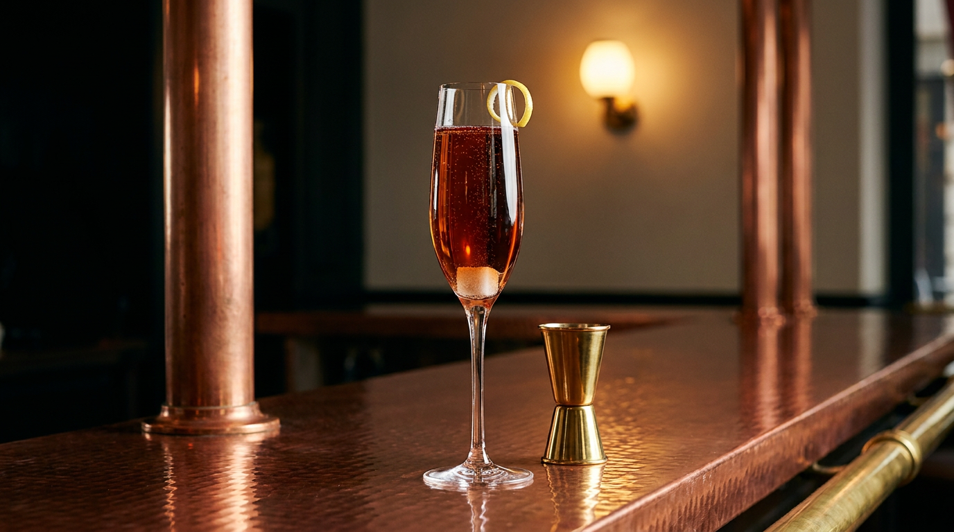Flûte d'Alfonso, robe ambrée et sucre au fond du verre, sur un comptoir de cuivre martelé