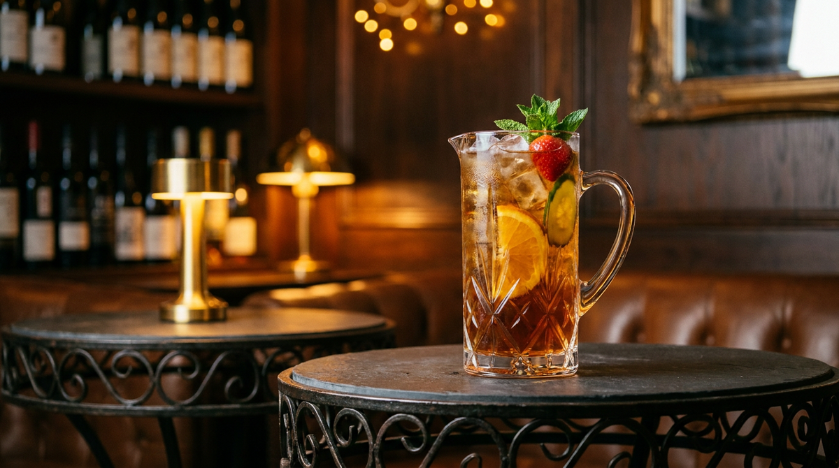 Pimm's cup dans un grand verre, orange, concombre, fraise et menthe, table de jardin en fer forgé