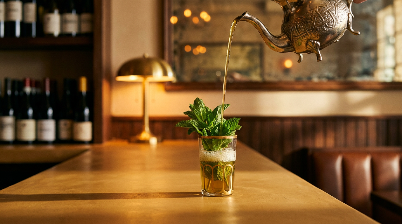 Thé à la menthe versé de haut depuis une théière d'argent dans un verre doré, bouquet de menthe, comptoir de tadelakt ocre