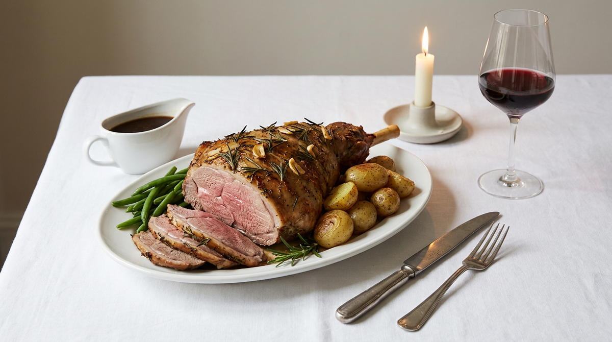 Gigot d'agneau rôti aux herbes tranché rosé, grenailles, haricots verts, nappe blanche, verre de vin rouge