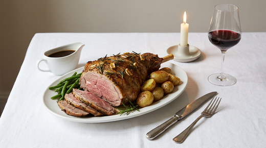 Gigot d'agneau rôti aux herbes tranché rosé, grenailles, haricots verts, nappe blanche, verre de vin rouge