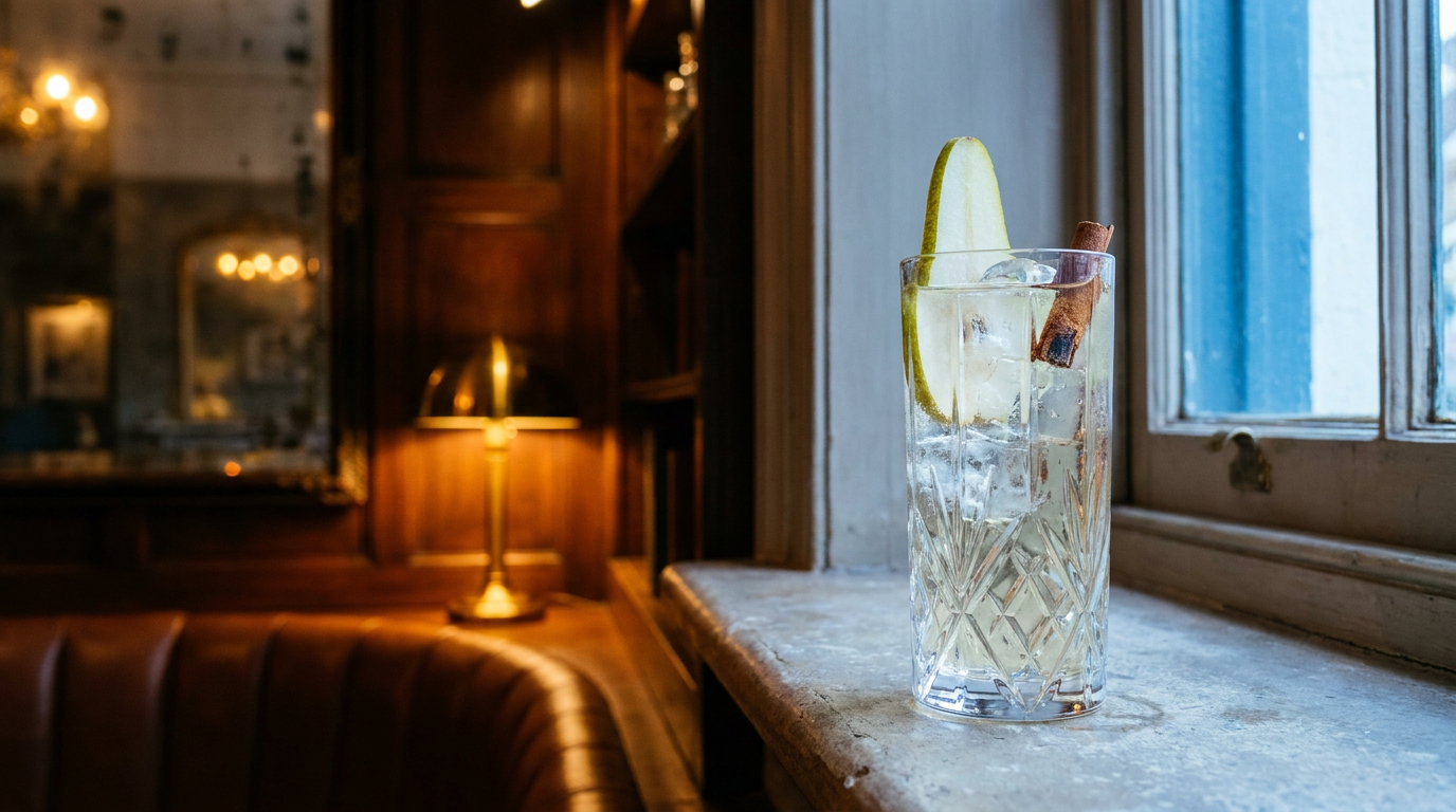 Gin tonic à la poire dans un grand verre glacé, lamelle de poire verte dressée dedans, appui de fenêtre en pierre