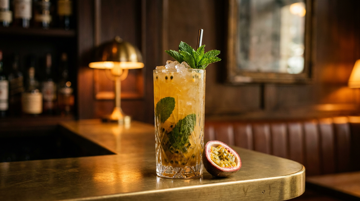Mojito au fruit de la passion en verre haut, graines et menthe, sur un comptoir de laiton