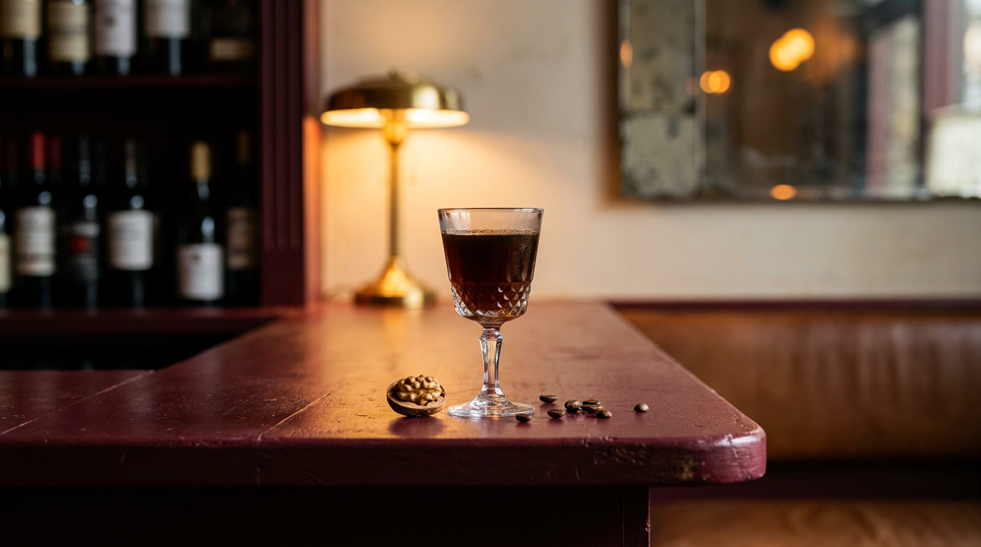 Cocktail noix-café servi en petit verre à pied sur un comptoir de bistrot bordeaux