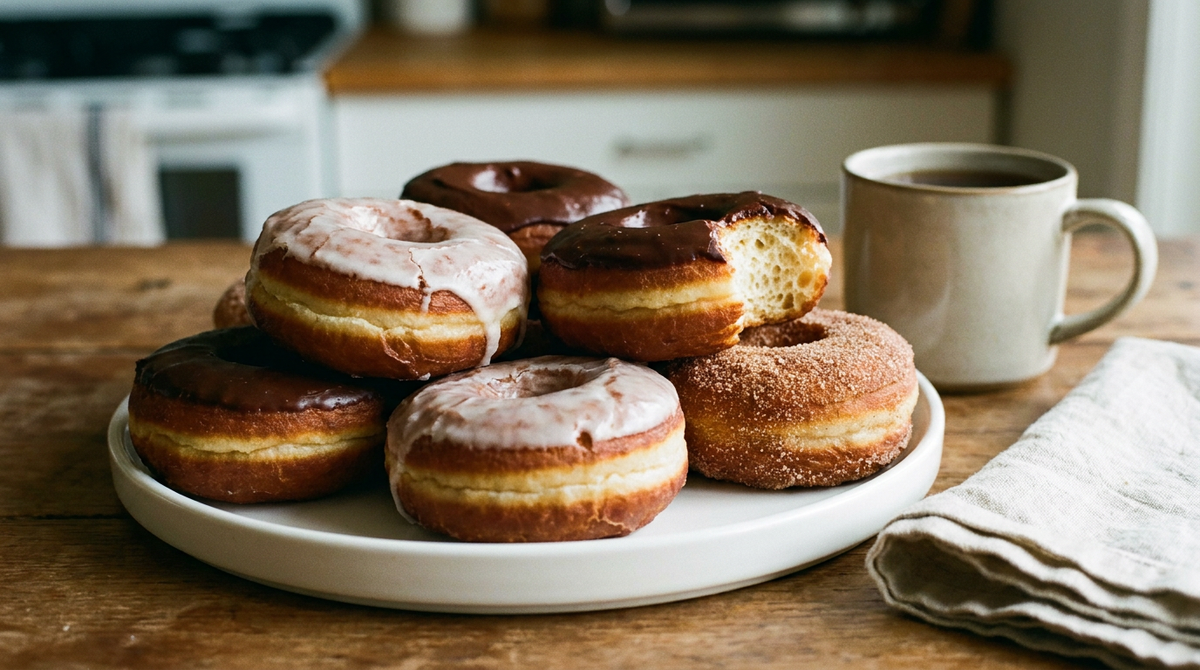 Six donuts maison en anneaux, frits dorés avec la bande pâle au milieu, deux au glaçage blanc craquelé, deux au chocolat, un au sucre cannelle, un déchiré montrant la mie aérée, tasse de thé en grès, table en bois