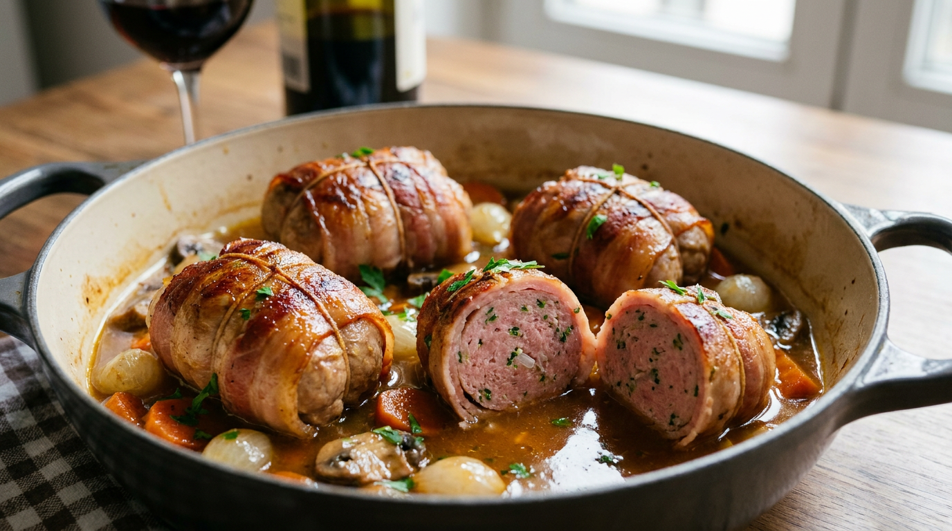Paupiettes de veau bardées et ficelées dans une cocotte, l'une coupée montrant la farce, jus brun aux champignons et petits oignons