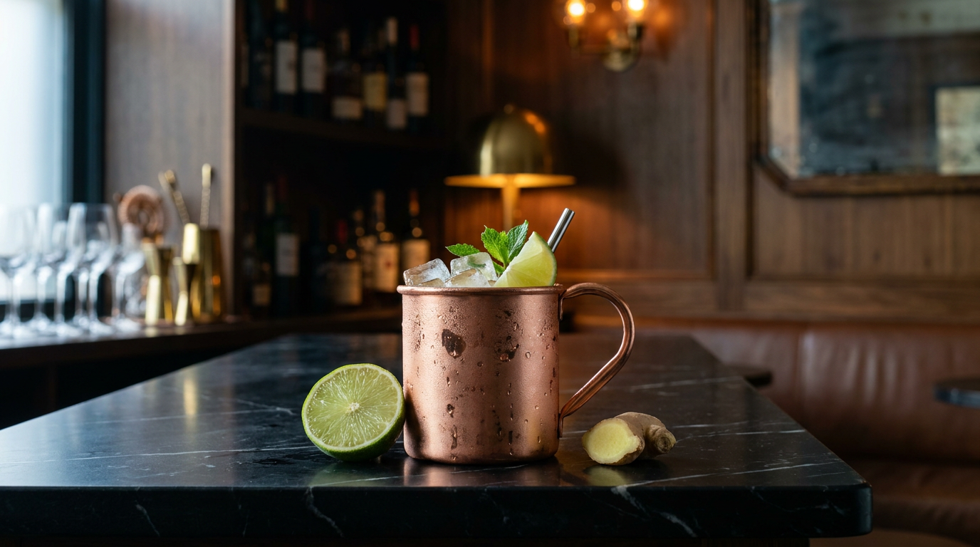 Virgin Moscow Mule servi en timbale de cuivre givrée sur un comptoir de marbre noir