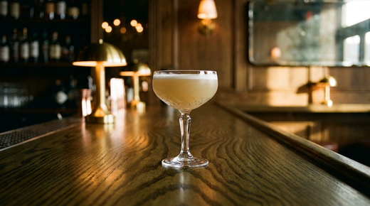 The Business dans une coupe, robe dorée trouble et collerette de mousse blanche, sans décor, comptoir de frêne olivier