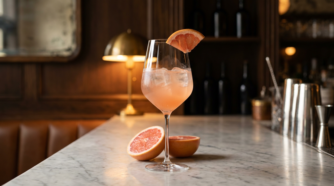 Grand verre à vin d'un cocktail rose corail sur glace, quartier de pamplemousse rose sur le bord et demi-pamplemousse posé, sur un comptoir de marbre veiné