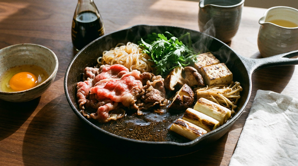Sukiyaki japonais dans une poêle en fonte, sauce sombre peu profonde au fond, bœuf tranché fin, poireau grillé, tofu et jaune d'œuf cru