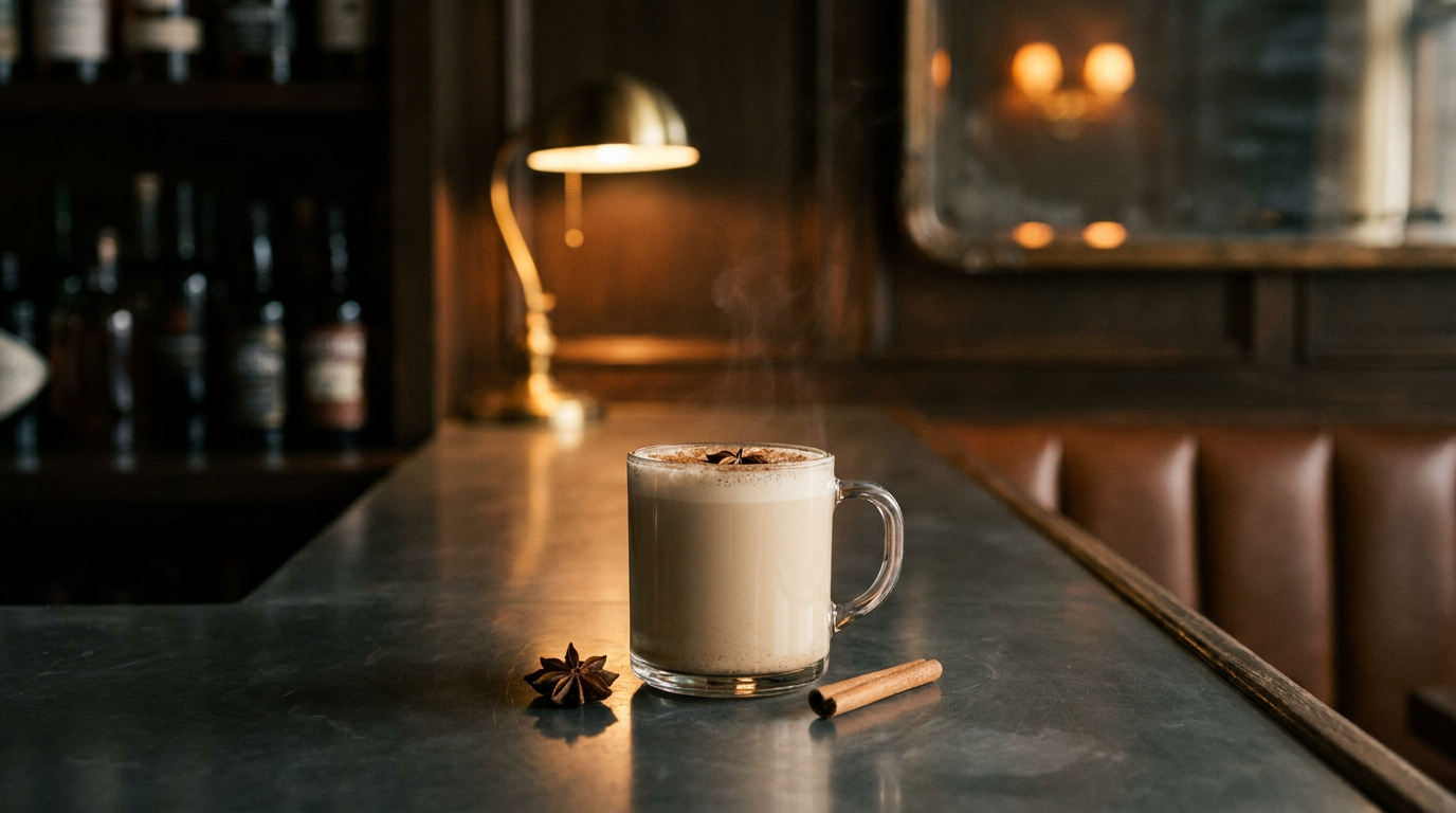 Mug en verre d'un chaï chaud et mousseux au rhum épicé, badiane et bâton de cannelle posés à côté, sur un comptoir d'étain bruni
