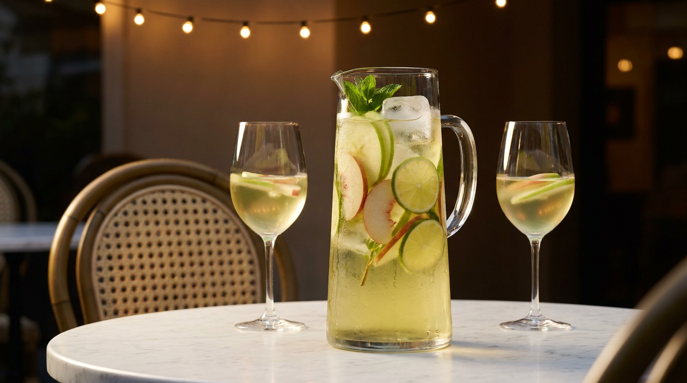 Grand pichet de sangria blanche pour 20 personnes, pomme verte, pêche blanche, citron vert et bloc de glace, sur une table de marbre en terrasse